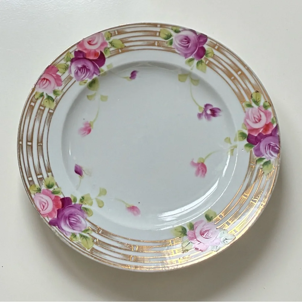 Vintage Floral Rose Porcelain Dinner Plate in Pink & Purple with Gold accents